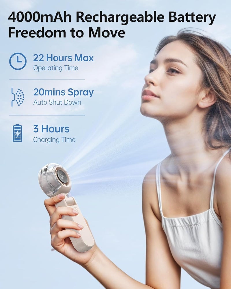 TriPole Misting Fan Portable Turbo Hand Held Fan with Water Mist, LED Display, 4000mAh Recahrgeable Battery, Neck & Desk Use, Personal Mini Handheld Mister Spray Bottle Fans for Outdoor Camping, Beige - Image 5